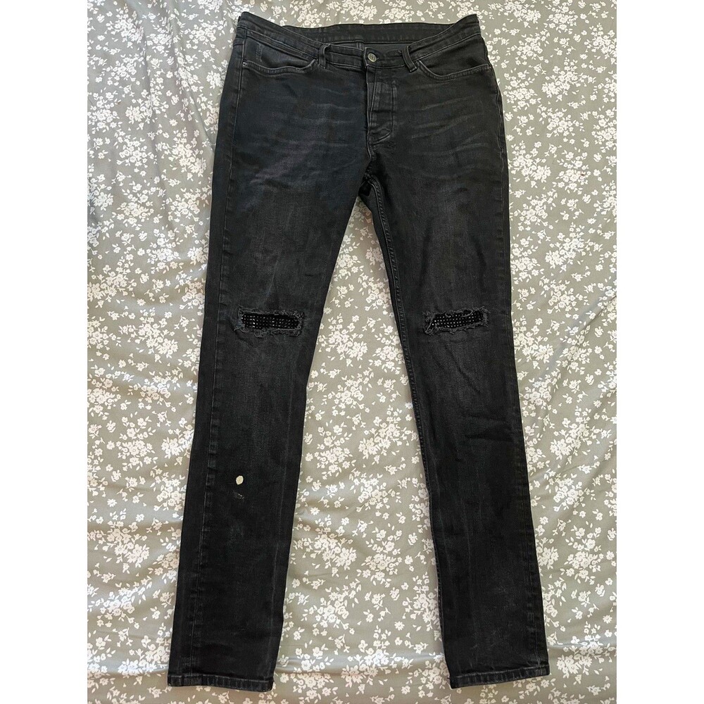 Ksubi Men’s Black Dark Wash Cotton Denim Skinny Slim Jeans Distressed Studded